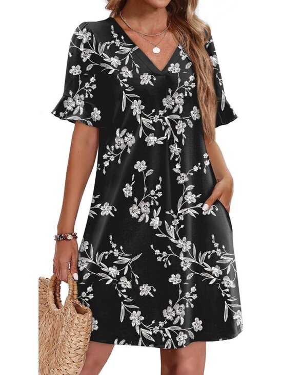 Dresses & Skirts - Women's Pattern Black Ruffle Short Sleeve V Neck Casual Shift Mini Dress